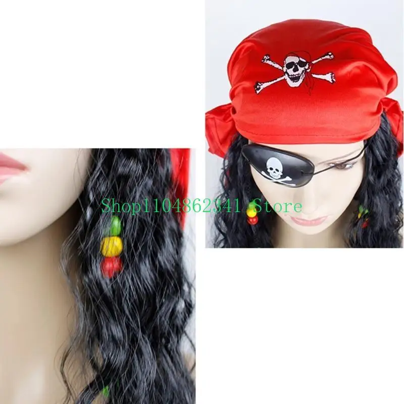 Parrucca da pirata nera riccia per costume cosplay da pirata con set di sciarpe con benda sull'occhio per uomini e donne Accessori per costumi di Halloween