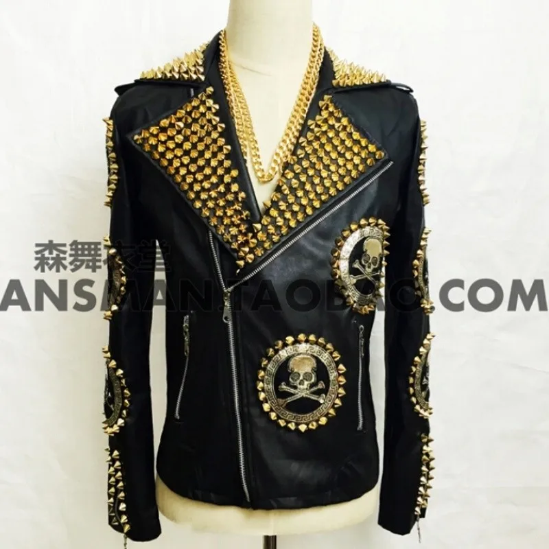 2024 Men New Fashion Slim Jackets DJ Male Skeleton Head Rivet Motorcycle Leather Jacket Plus Size Coat Costume Singer Outerwear