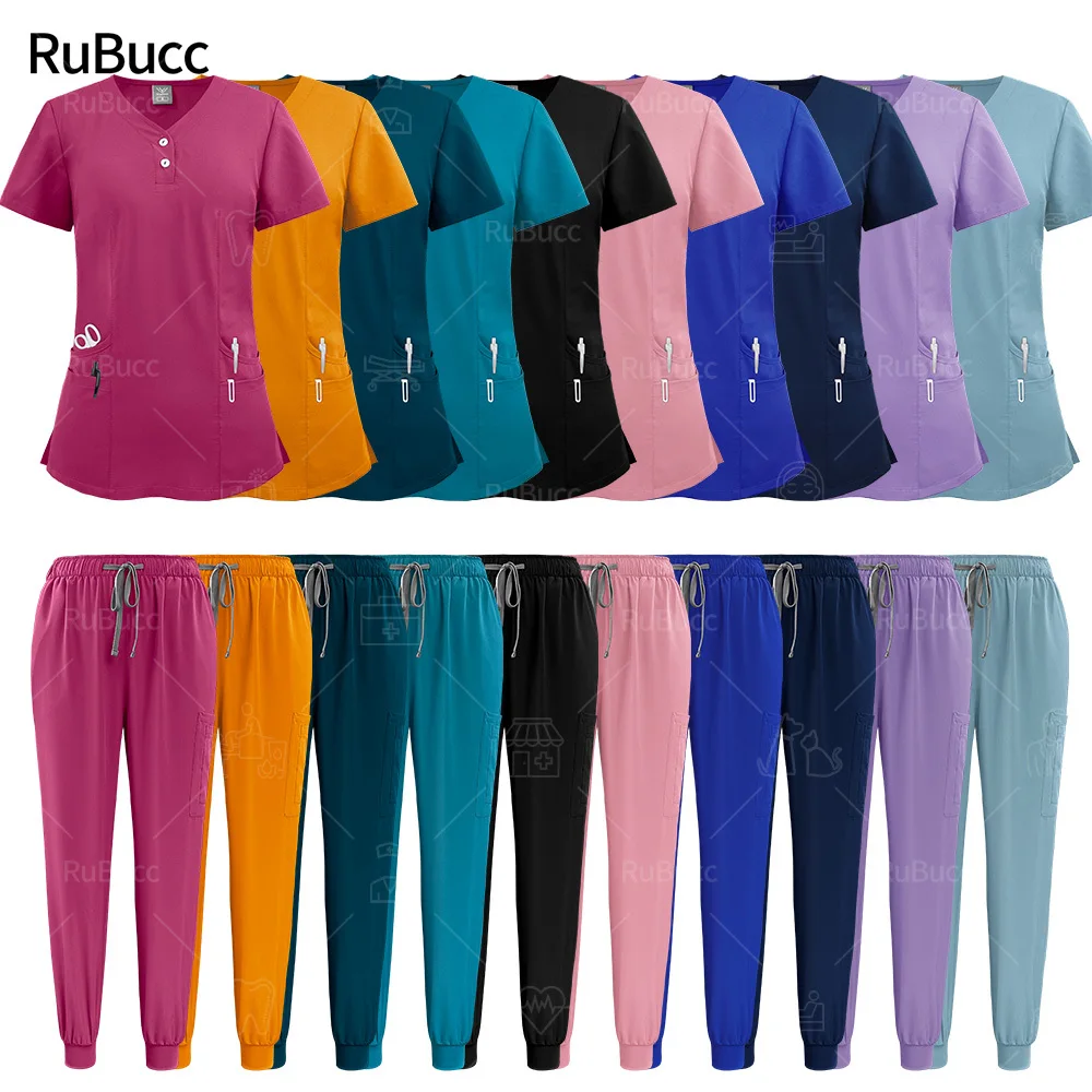 

Multicolour Jogger Suits Doctor Nursing Uniforms Short Sleeve V-neck Tops Pocket Pants Nurse Scrubs Set Medical Clinical Clothes