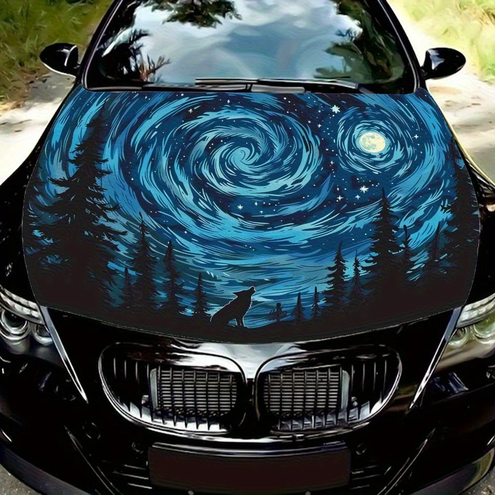 ملصق غطاء محرك السيارة Wolf Under The Starry Sky - ملصق PVC متين ذاتي اللصق للسيارات والدراجات النارية والشاحنات وغطاء السيارة ديكو