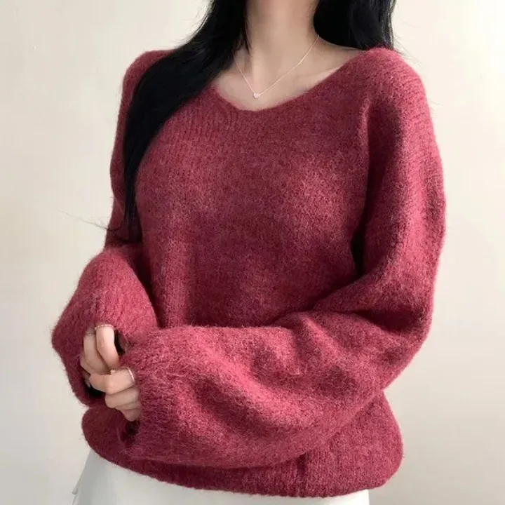 Chic automne hiver ample v-ne fourrure tricoté pull femmes Simple Long Sve confortable à la mode trajet Sle haut