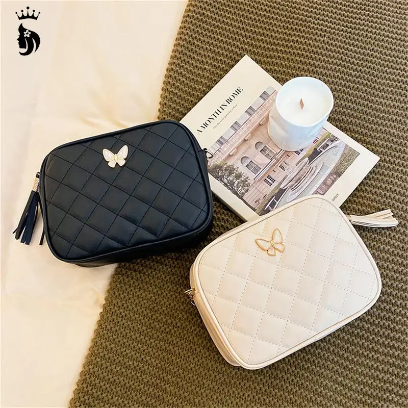 Women Small PU Leather Lingge Embroidery Crossbody Bag Causal Chain Shoulder Bag