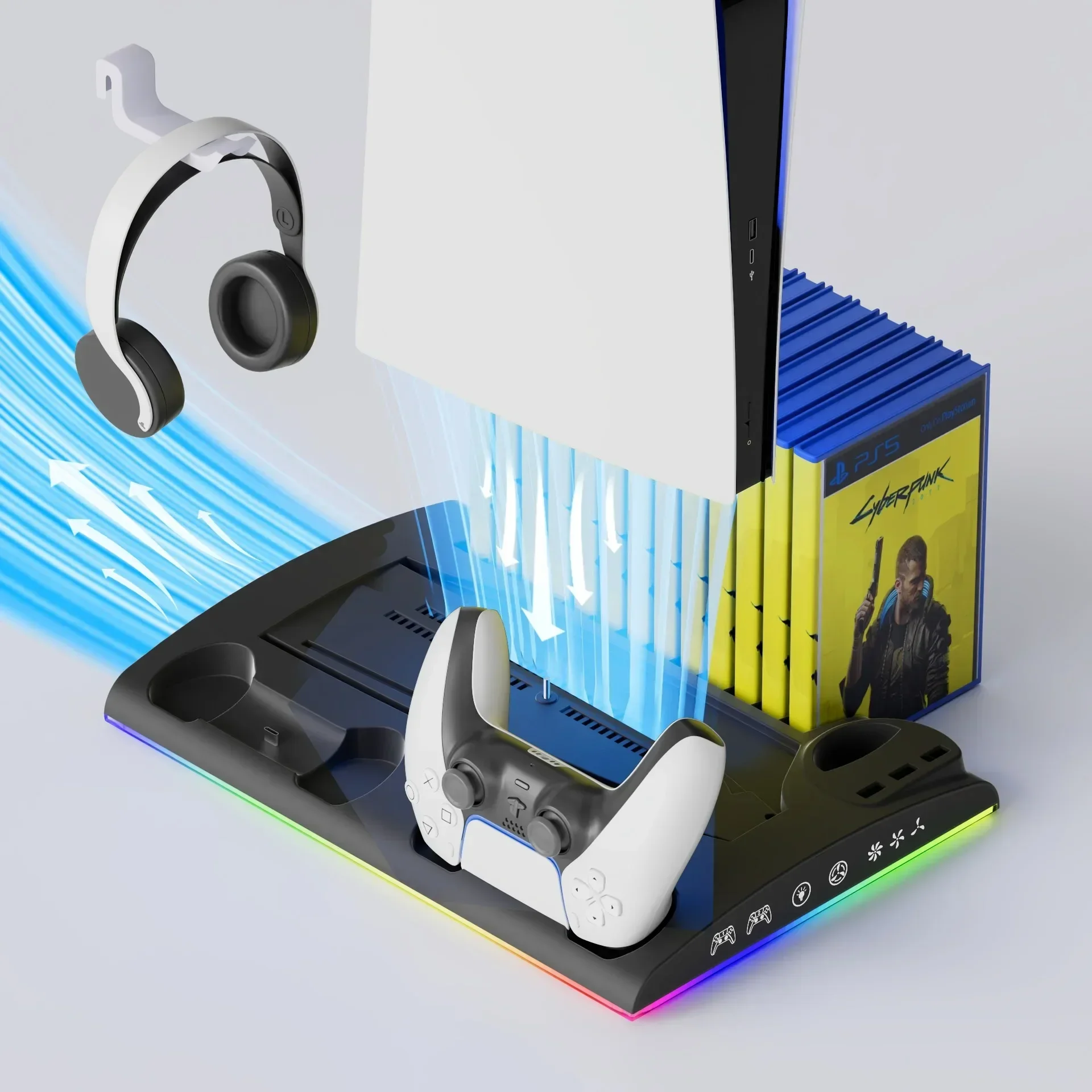 For PS5/PS5 Slim Multifunctional Bracket Base PS5 Handle Double Seat Charging Headphone Storage Rack