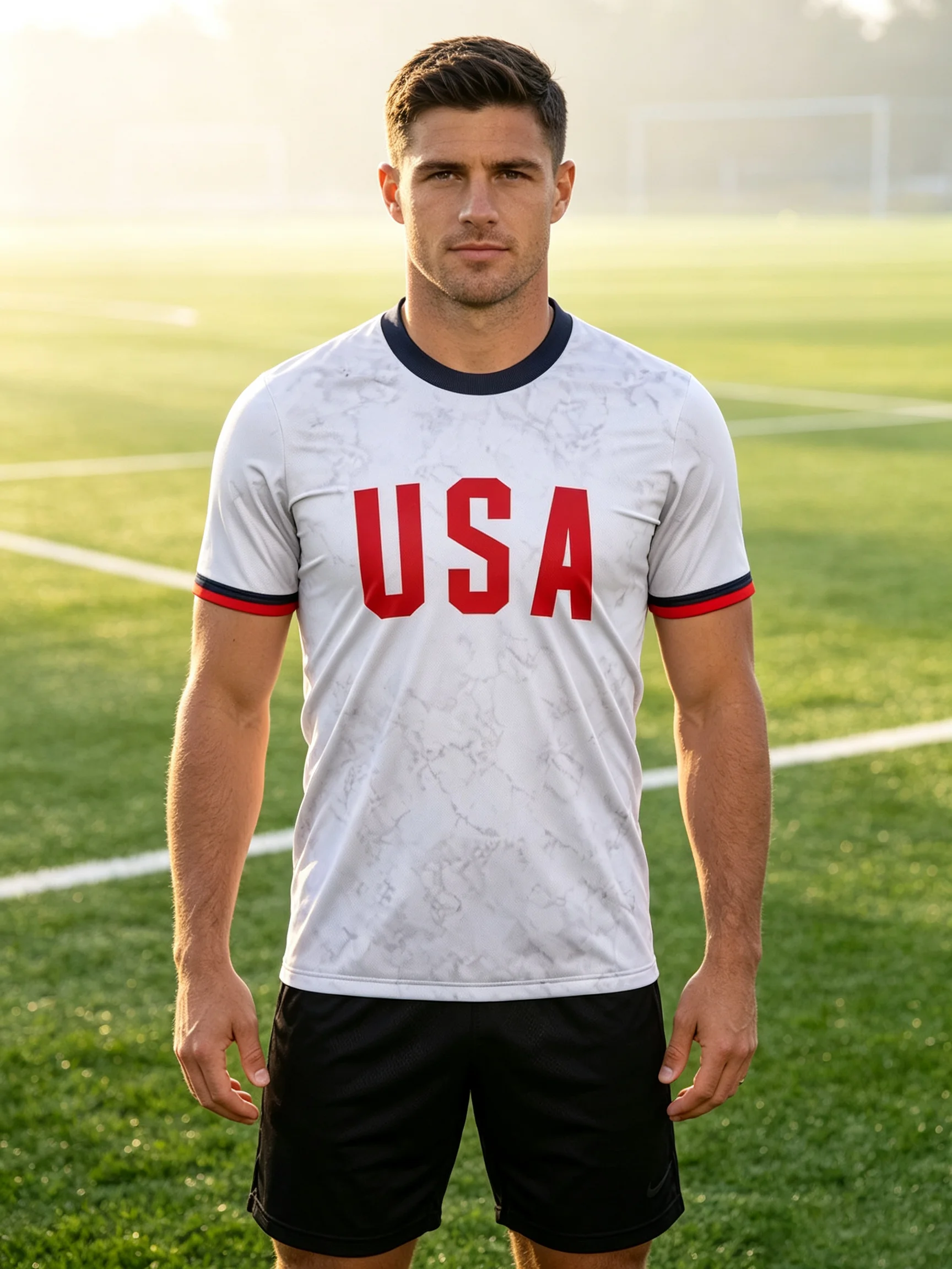 USA themed football jersey,minimalist cut,classic red‑white‑blue details,breathable fabric,athletic fit