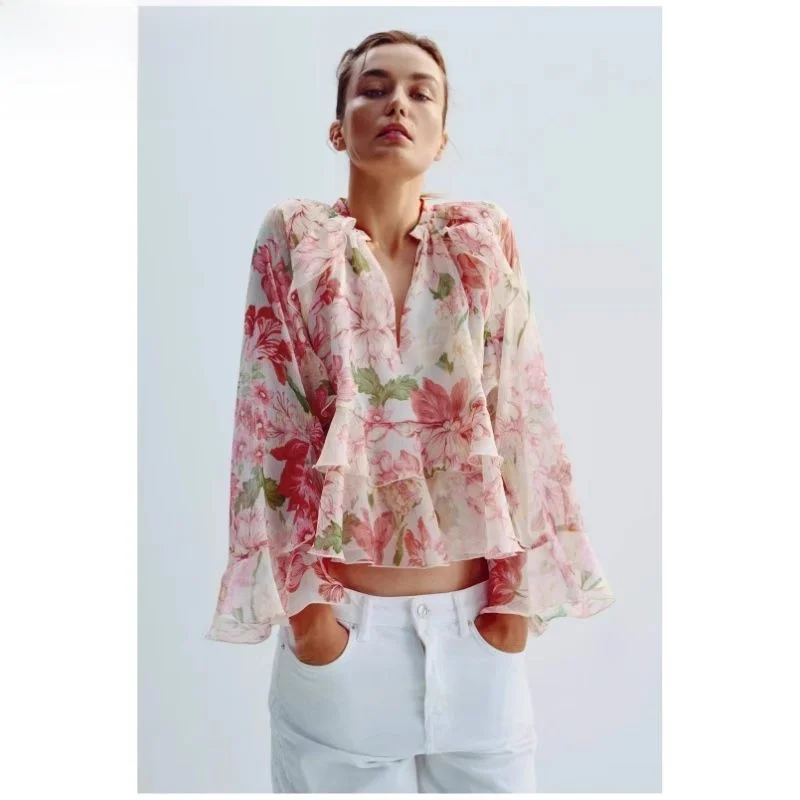 

2025 Spring New Arrival Women's Faion Layered Decoration Print irt Loose Fit Long Sve V-Ne Bell Sve Floral Pattern