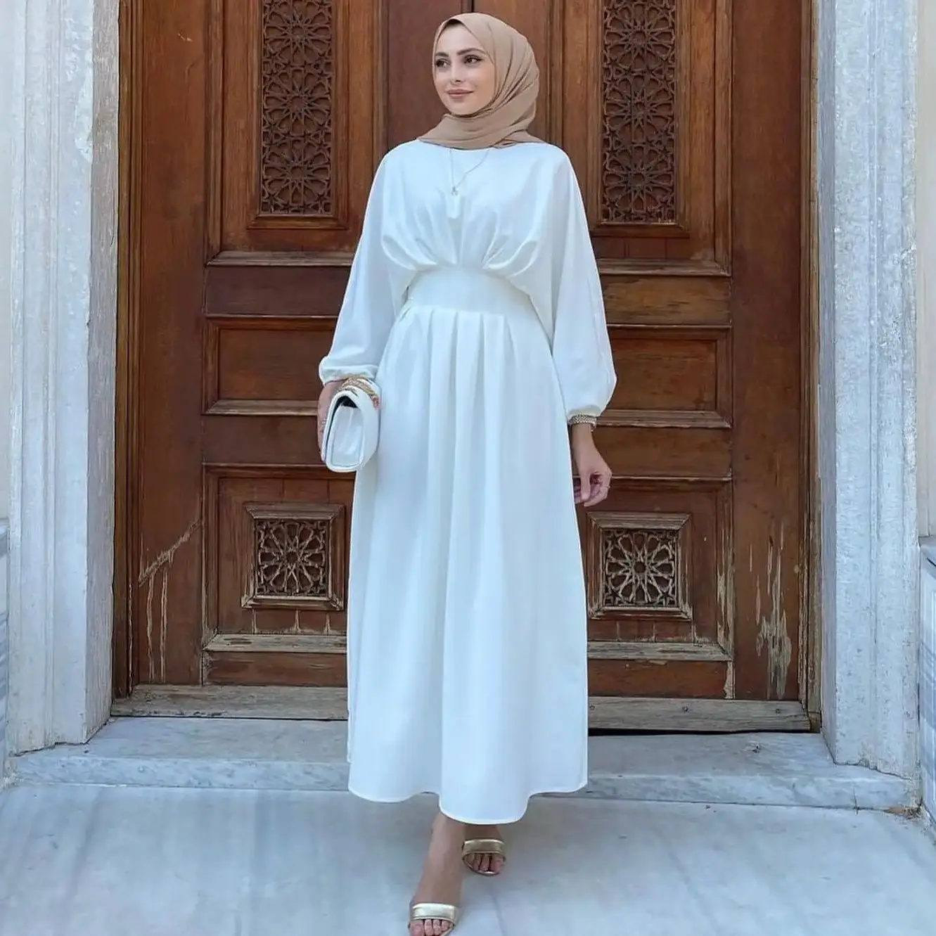 Pieghe abito musulmano donna a vita alta elegante abito Hijabi abbigliamento islamico modesto Dubai Turk Abaya Ramadan Eid Evening Party