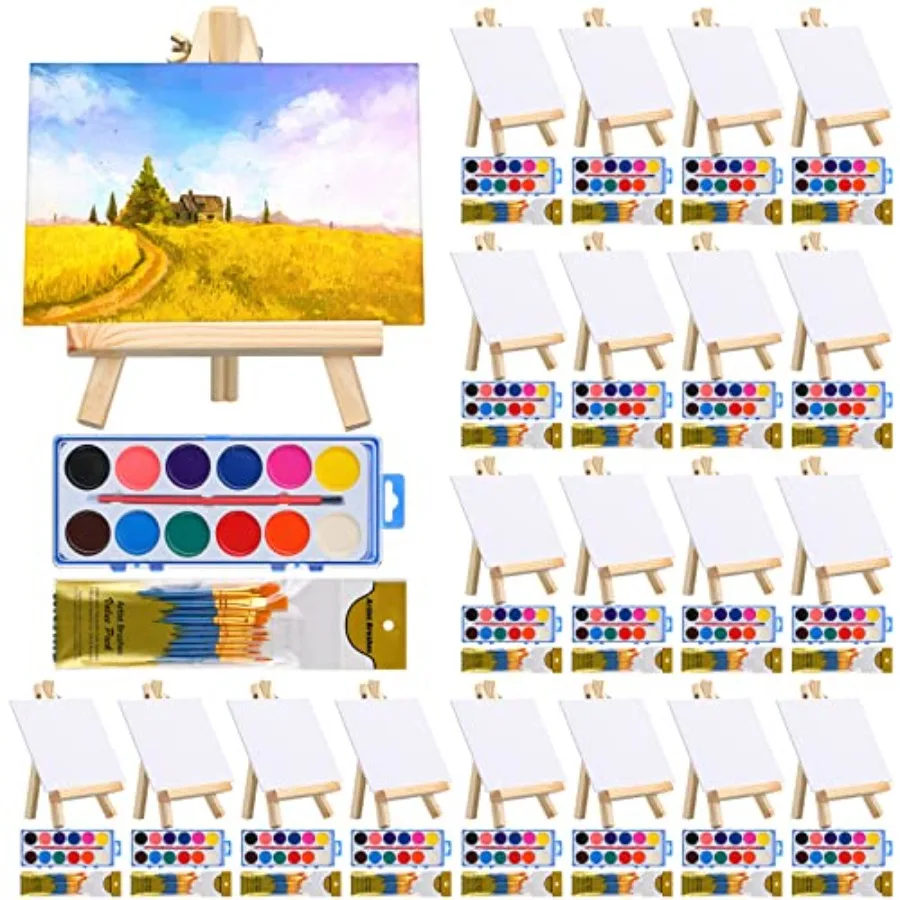 

20 Set Paint Kit Wood Easel Set Include 20 Wood Easels 20 Pcs 5 x 7 Inch Canvases 200 Pcs Brushes and 20 Pcs Watercolor Paint A