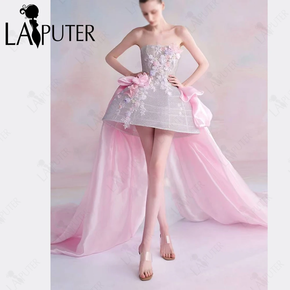 Pink Short Front long Back Prom Dresses Silver Curve Flower Decro Evening Gowns Long Back Tail Corset Girls Party Dresses