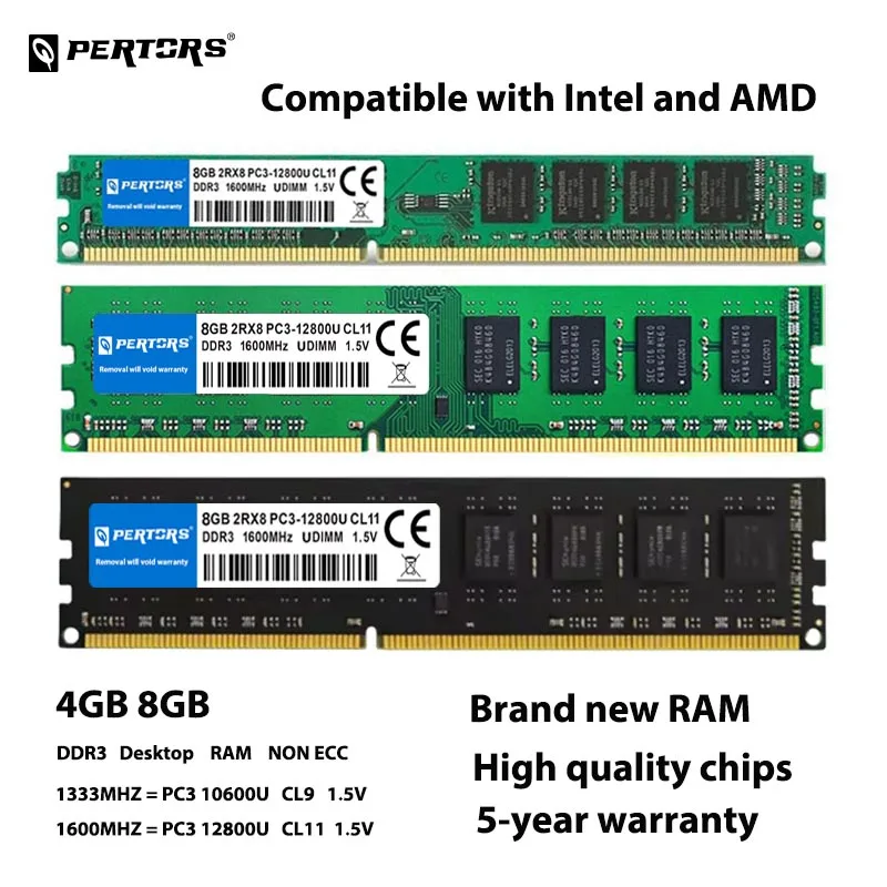 

Q-PERTORS DDR3 4GB 8GB RAM 1333MHz 1600Mhz PC3-10600U PC3-12800U DIMM RAM 240pin 1.5V Compatible avec les deux Intel et AMD
