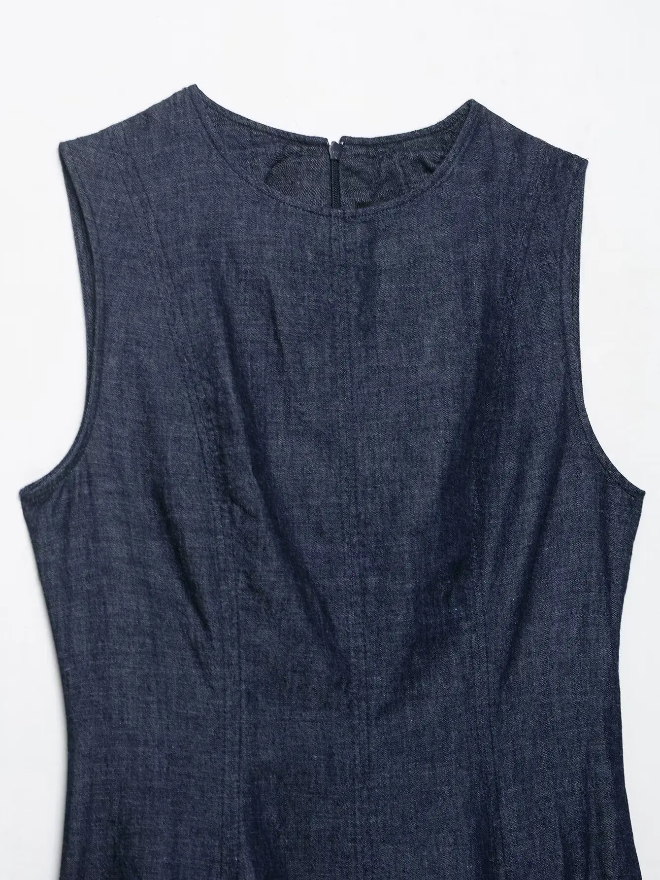 BSAY moda y temperamento minimalista mujer otoño nuevo artículo 2025 sin mangas cuello redondo cintura adelgazante vestido Midi de mezclilla