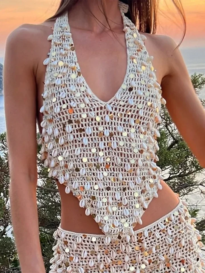 Sexy Backless Sequin Skirt Set Women 2025 Summer Beach Halter Sleeveless Crop Lace Up Tank Package Mini Skirts Female Sets