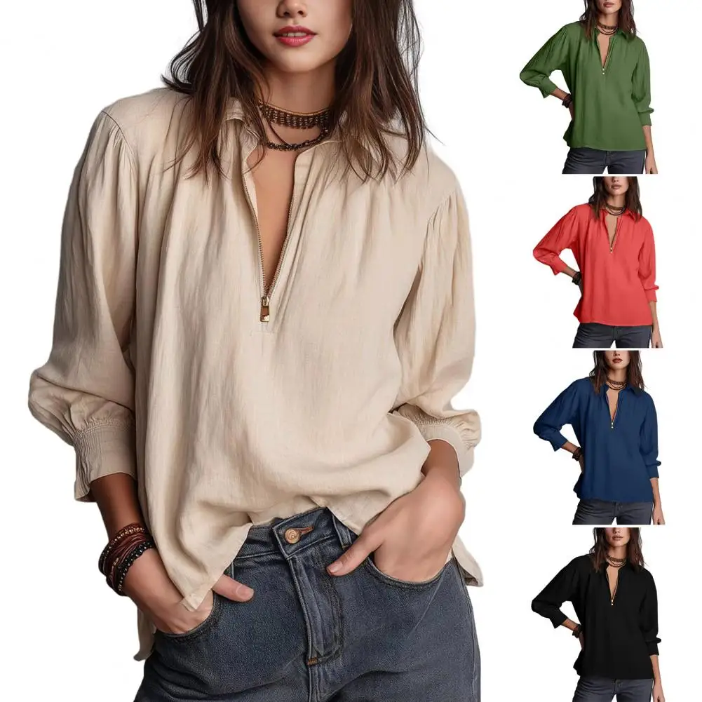 

Женская ретро-рубашка, женская рубашка, женская блузка на молнии до середины груди с рукавами-фонариками, пуловер, свободный ретро-топ с отложным воротником для работы