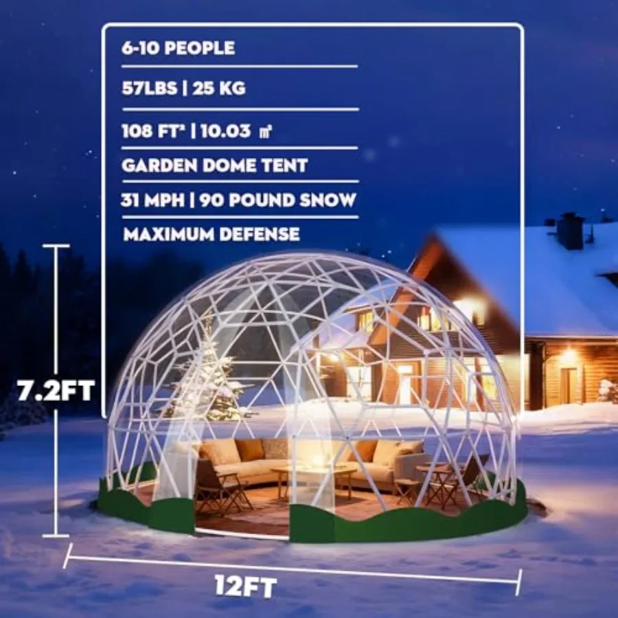 Garden Dome Tent for outdoor patio use, made of 1.5MM thick PC frame tubes and TPU clear cover, transparent color, waterproof w