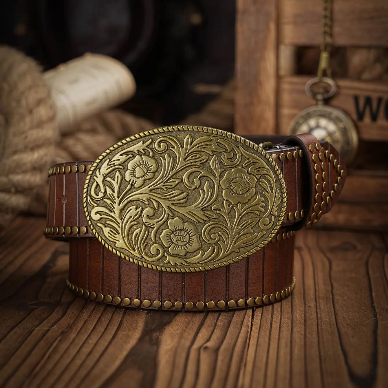 Western Cowboy PU Leather Belt - Men Waist Strap Bull Decoration Floral Engraved for Jeans