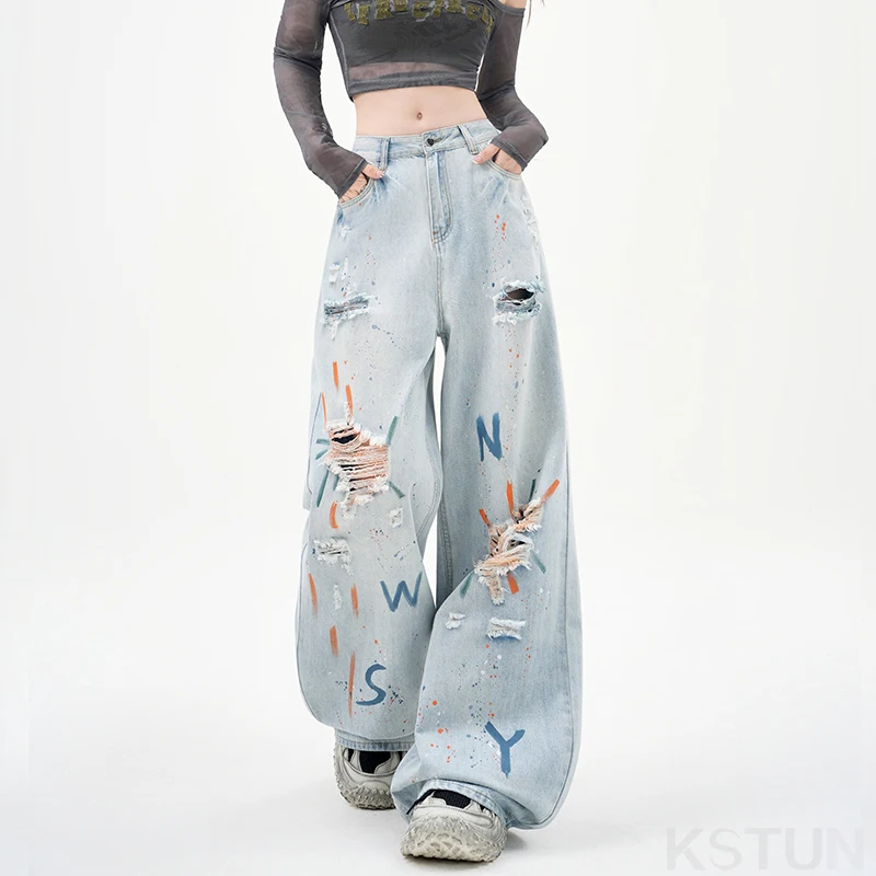 جينز نسائي صيفي متعثر موضة 2026 من KSTUN جينز هيب هوب ممزق بأرجل واسعة ملابس خروج مفرغة بنطال بتصميم مرسوم للفتيات الساخن #3