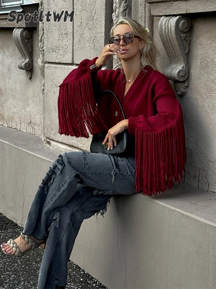 Women Fashion Red Tassels Knitted Cardigan V Neck Single Breasted Long Sleeve Sweater 2024 Autumn Female High Street Outerwear