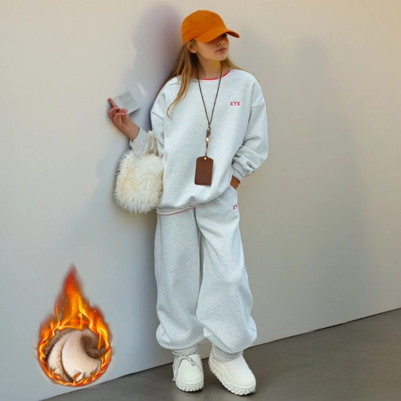 

Girls Winter Fleece Set Thick Warm Pullovers Sweatpants 2-piece Teen Kids Tracksuit Casual Sport Daily Outfits Children Clothing
