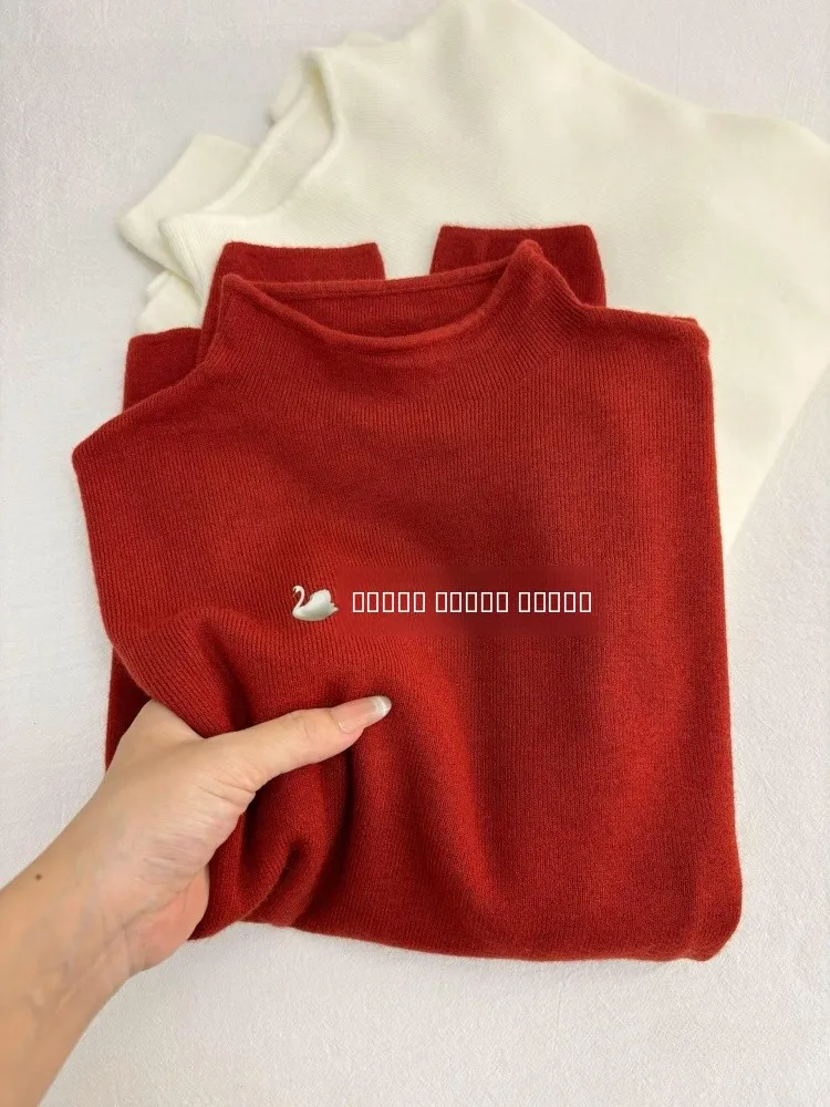 

Ele Red Knitted Sweater f High Collar Slim Fit Women's Inner Wear oulder Width Normal Long Sve Winter Faion