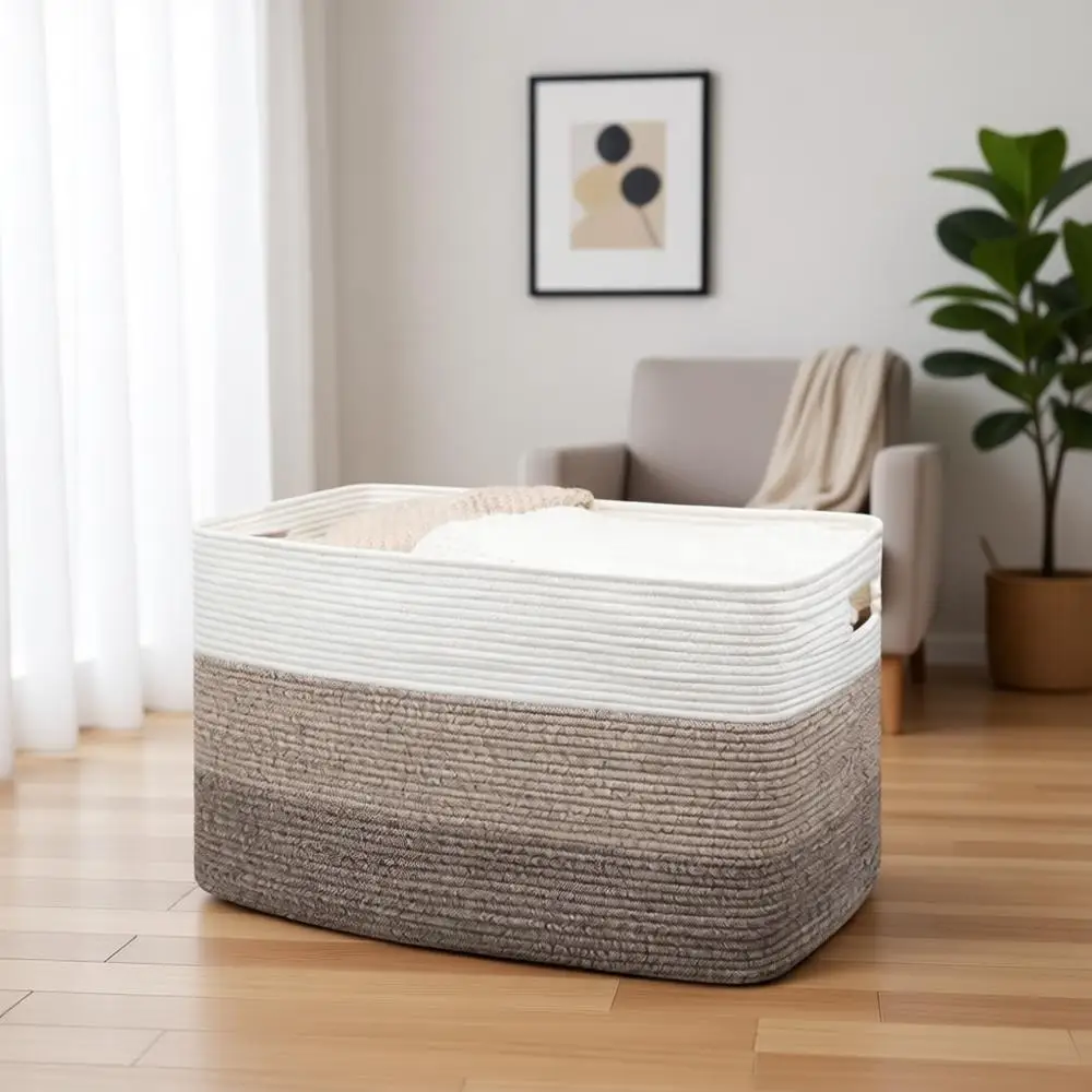 

Большая корзина из хлопкового каната для хранения, идеально подходит для грязной одежды, игрушек и домашнего декора, 25 x 17 x 16, градиентный коричневый цвет