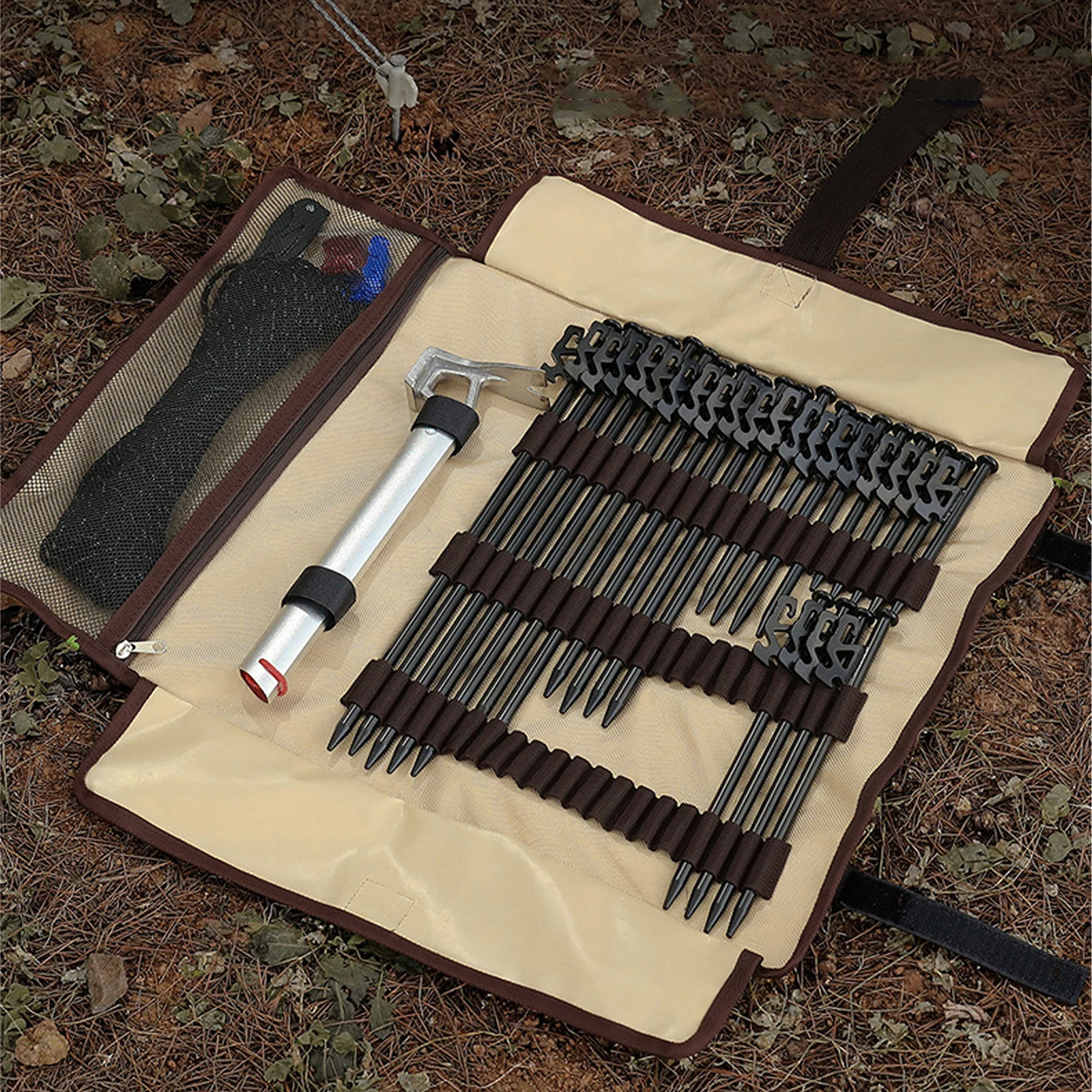 Tent Ground Nail Storage Bag Roll-up Design with Hook and Loop Fastener Folding Portable Nail Pocket for Man Backpacking Hiking