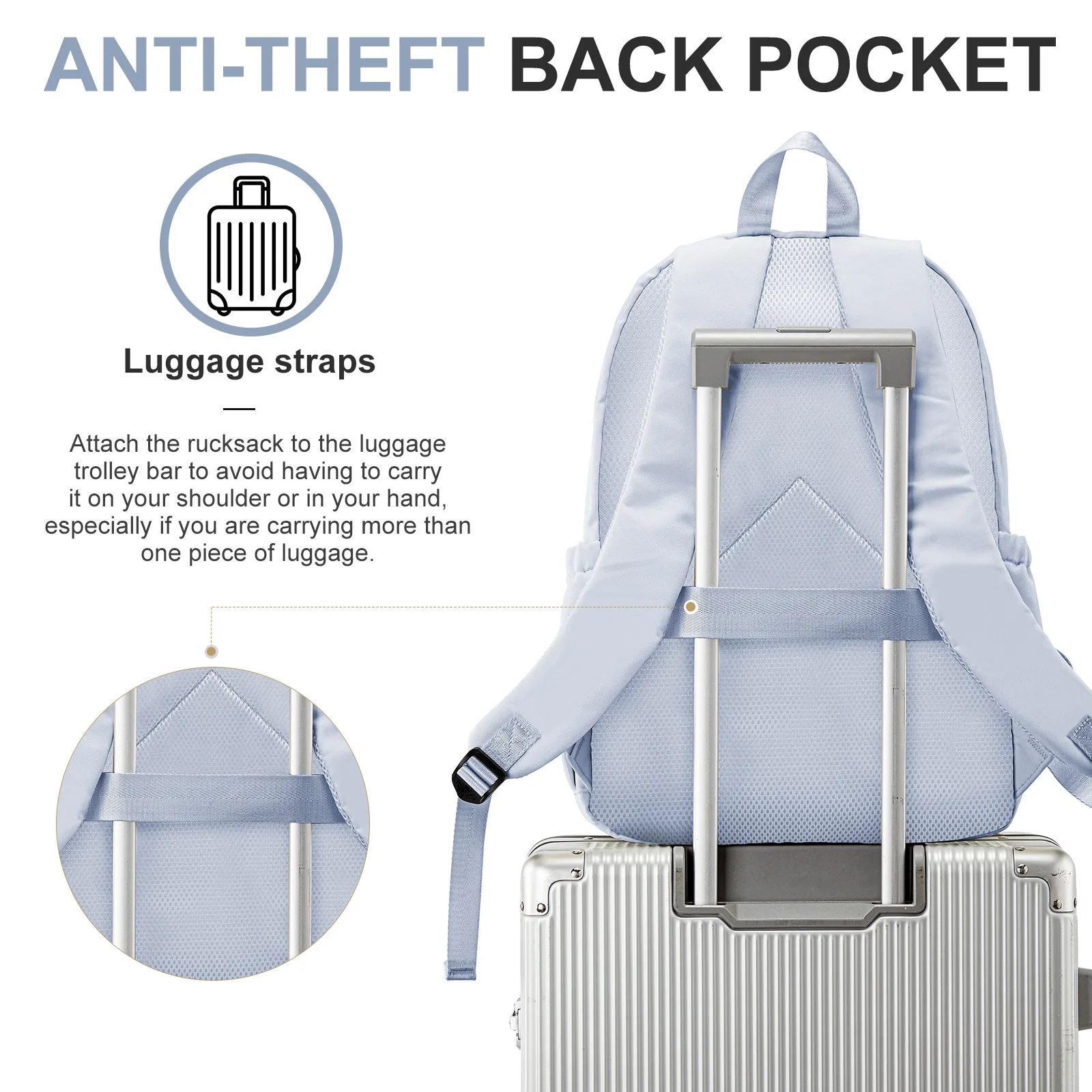 กระเป๋าเป้ไนลอนลําลอง, กระเป๋าเป้สําหรับผู้หญิง, ดีไซน์หลายช่องในสีฟ้าอ่อนทนทานสําหรับโรงเรียน, โรงเรียนมัธยมปลายและกระเป๋าหนังสือวิทยาลัย