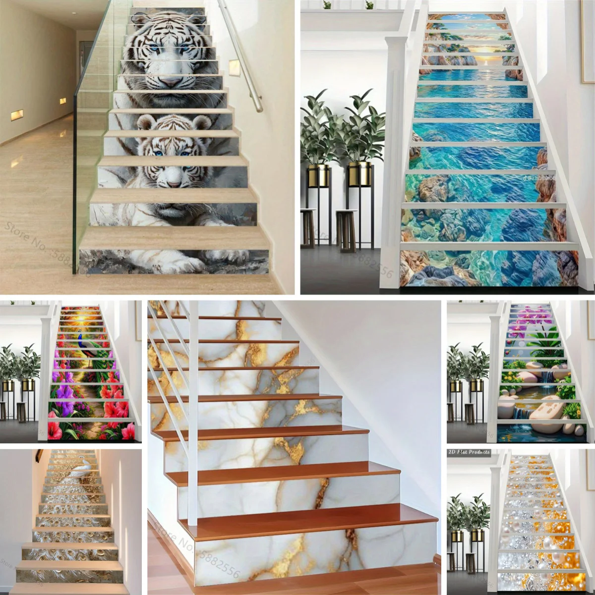 Tiger Natural Landscape Moisture Resistant Stair Sticker Self-Adhesive Waterproof Glitter Design Marble Sea Decorative Stickers