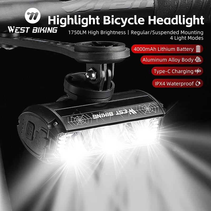 WEST BIKING Bike Light 1750 Lumens LED Wide Angle Headlights Type-C Rechargable Cycling Quick Release High Beam Cycling Lamp