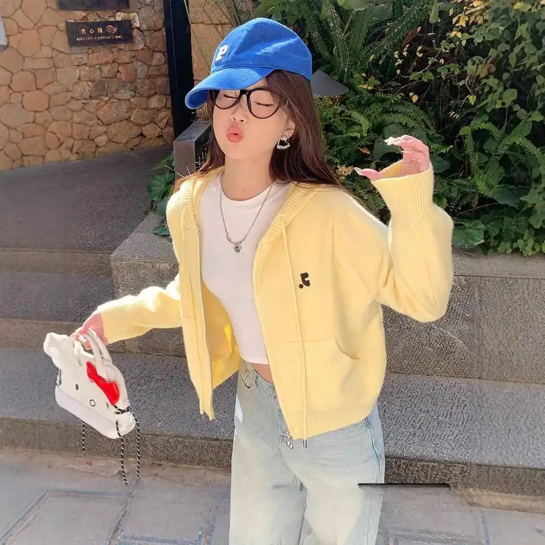 

2025 New Yellow Korean Knit Hooded Cardigan Short Sweater Womens Spring Autumn Fashion Top