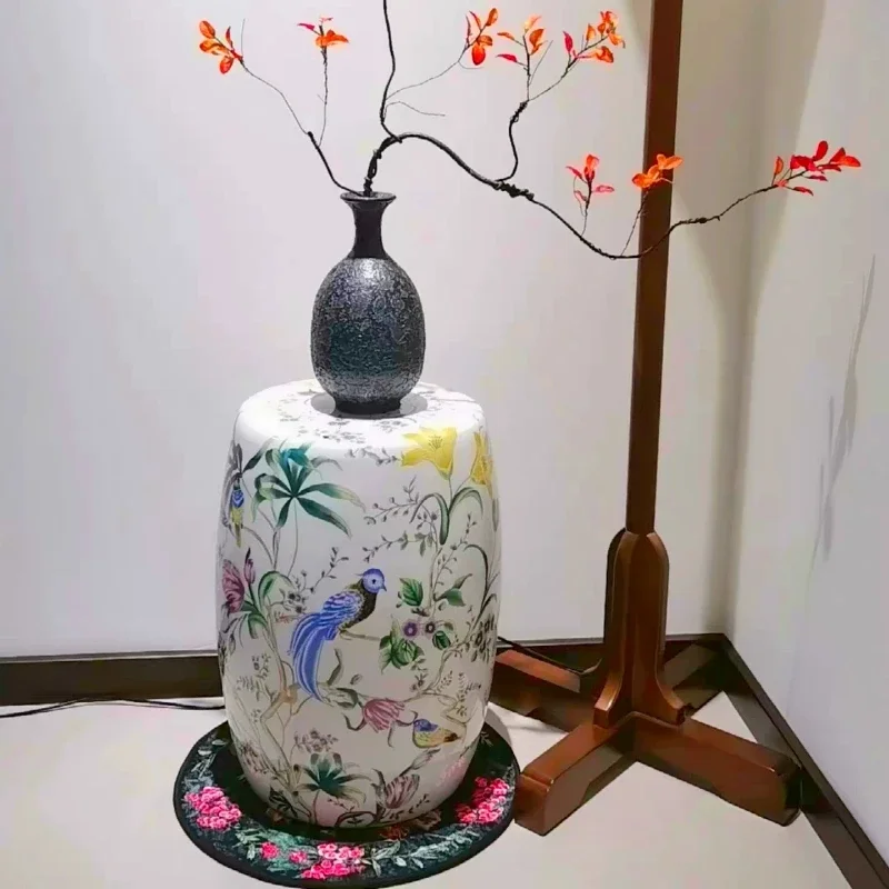 New Chinese Ceramic Drum Stool, Flower Bird Patterned Pottery Seat, Living Room Corner Side Table, Vanity Shoe Bench Plant Stand