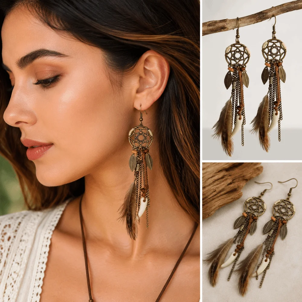 Bohemian Style Dangling Drop Earrings Antique Leaf Pendant Tassel Earrings Handmade Long Dream Catcher Earrings For Women