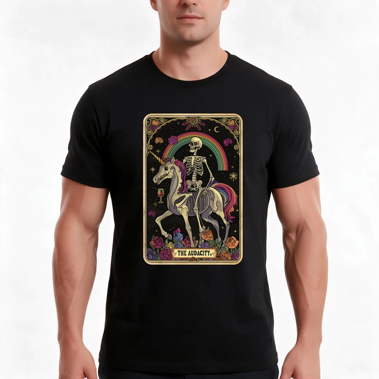 The Audacity Skeleton Funny Tarot Card T-Shirt, Summer Casual Cotton Tee, Oversized Streetwear Tops, Vintage Graphic Print