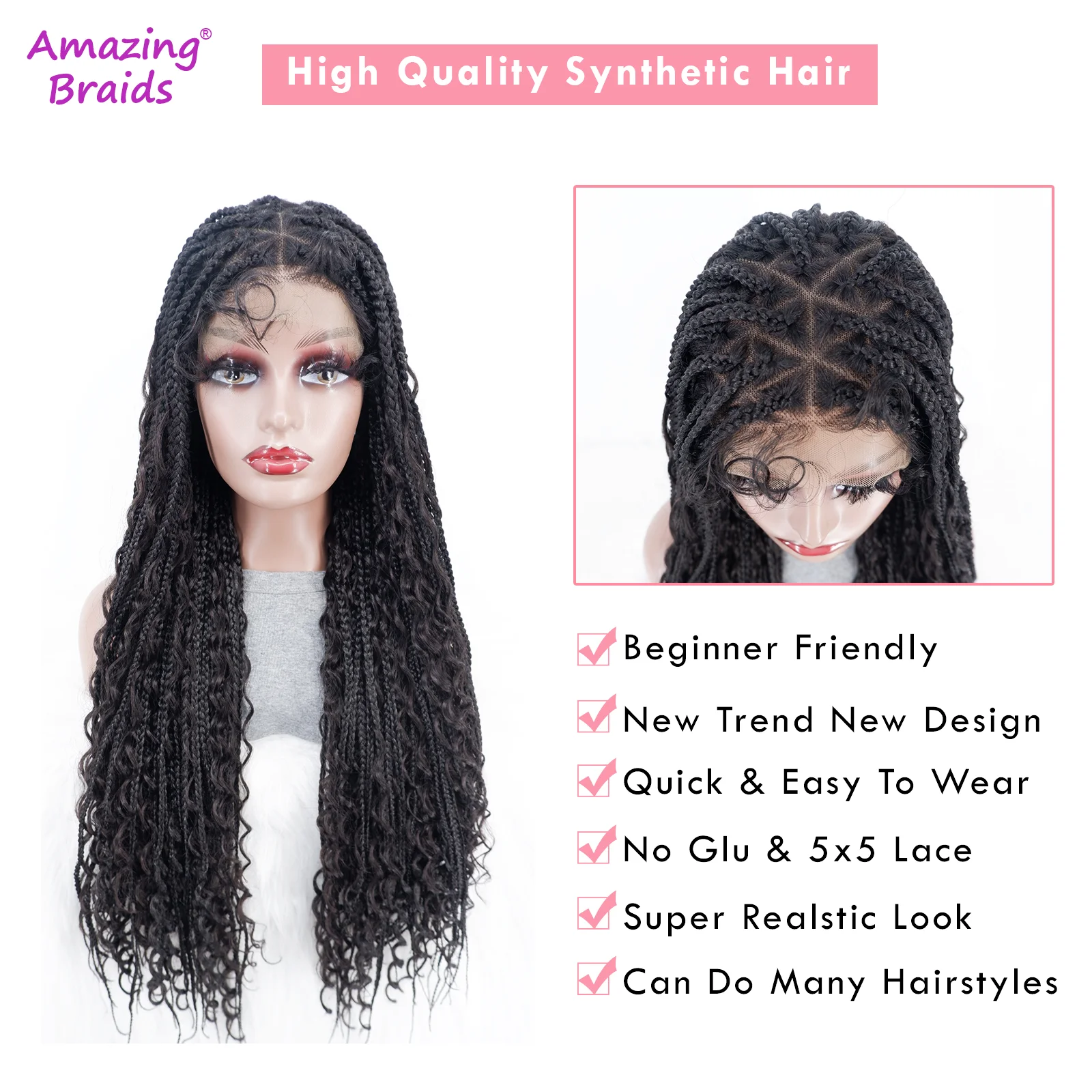 Perruque Lace Front Wig Synthétique Tressée Sans Nministériels d, Style Boho, avec Baby Hair, pour Femme Noire