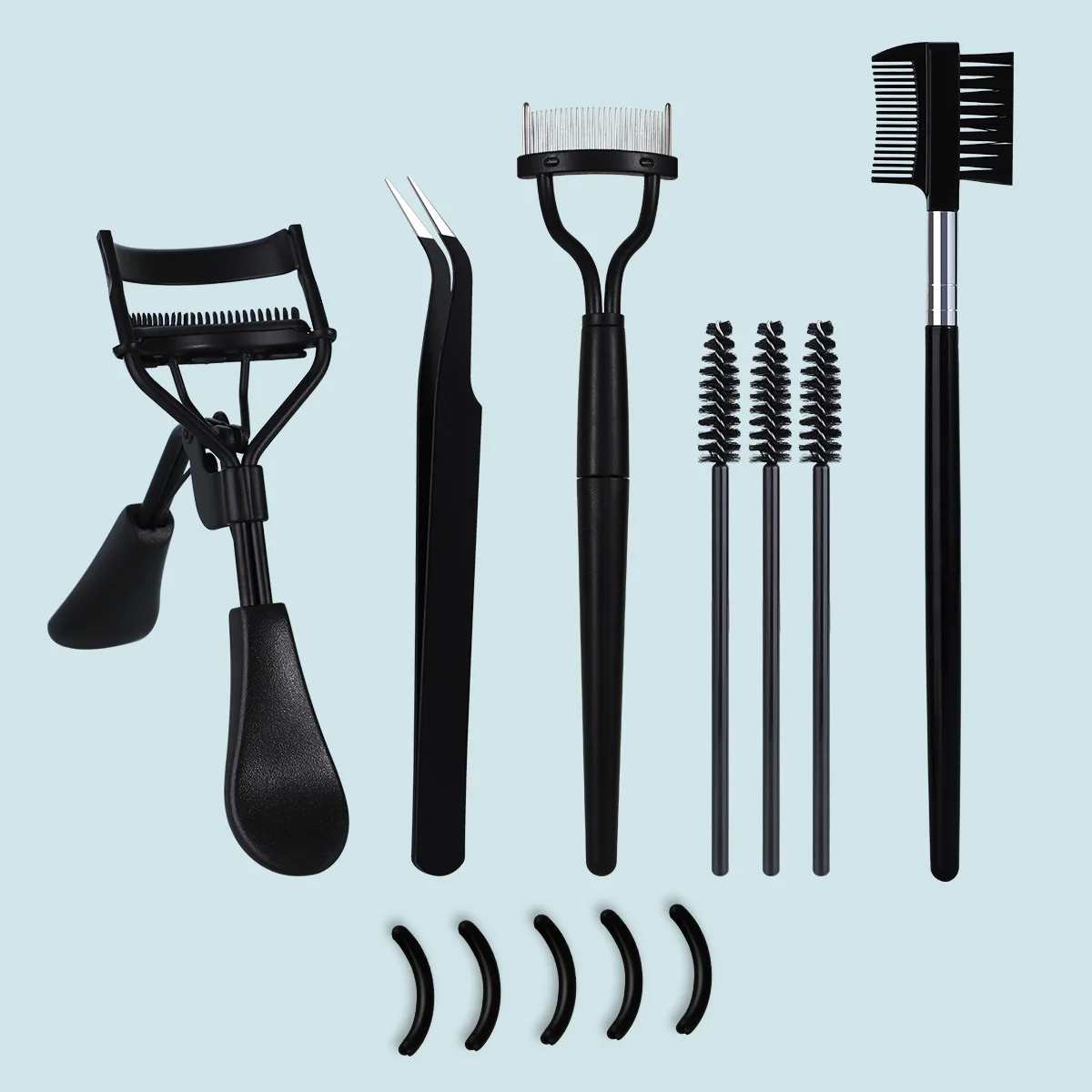 Pestañas con 5 almohadillas de silicona, 1 peine para cejas y pestañas de doble punta, 1 peine de acero para pestañas, 1 pinzas para pestañas y 3 peines en espiral