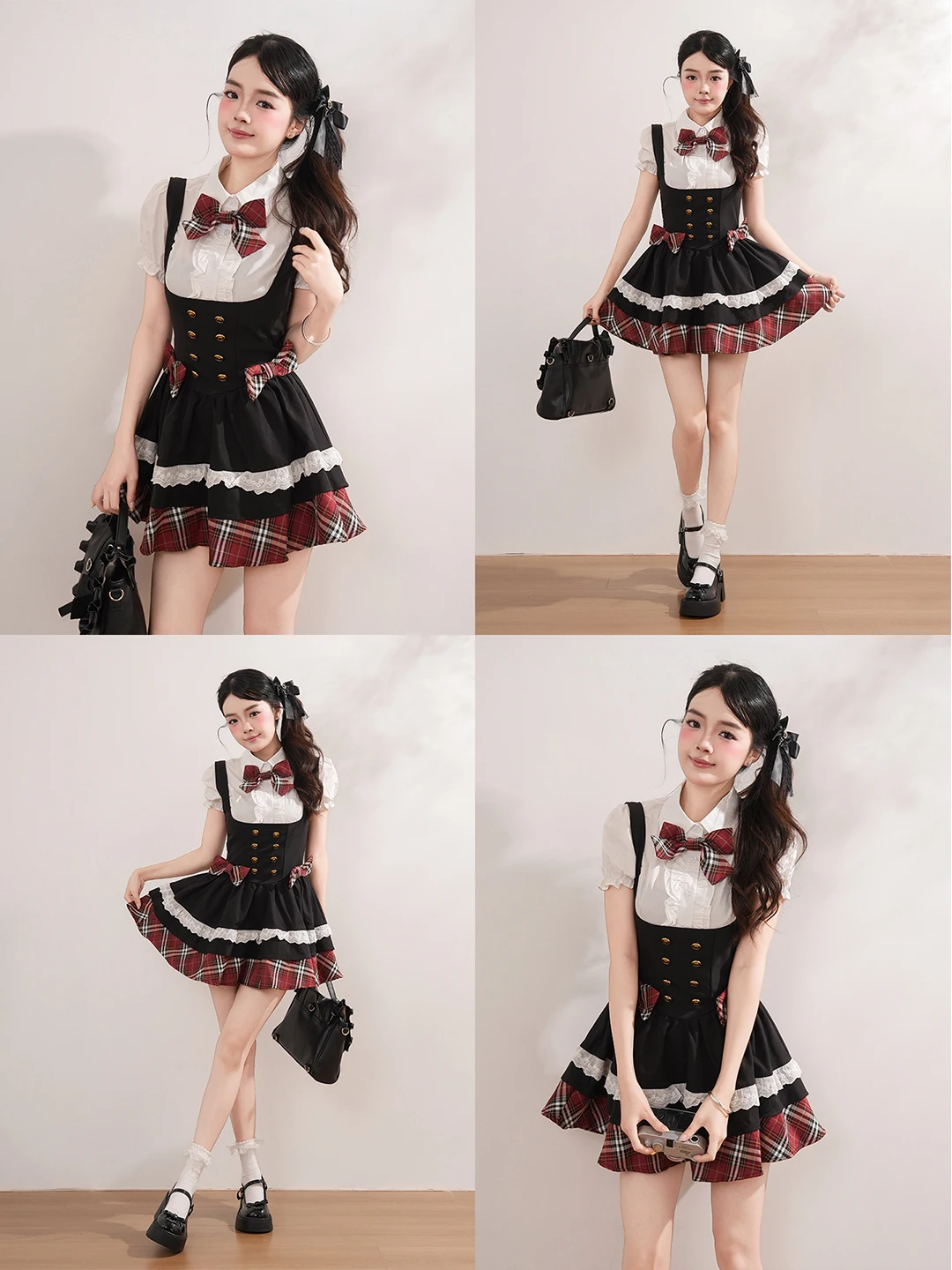  Forest Japanese College Style Plaid Bubble Sleeve Blouse And Skirt Set Women Summer Light Lolita Two Piece Set