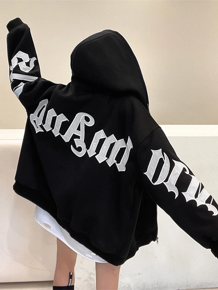 ADAgirl Letter Printed Zip Hoodie Women Gothic Grunge Punk Hooded Oversize Jacket Coats Streetwear Sweatshirts for Female Tops