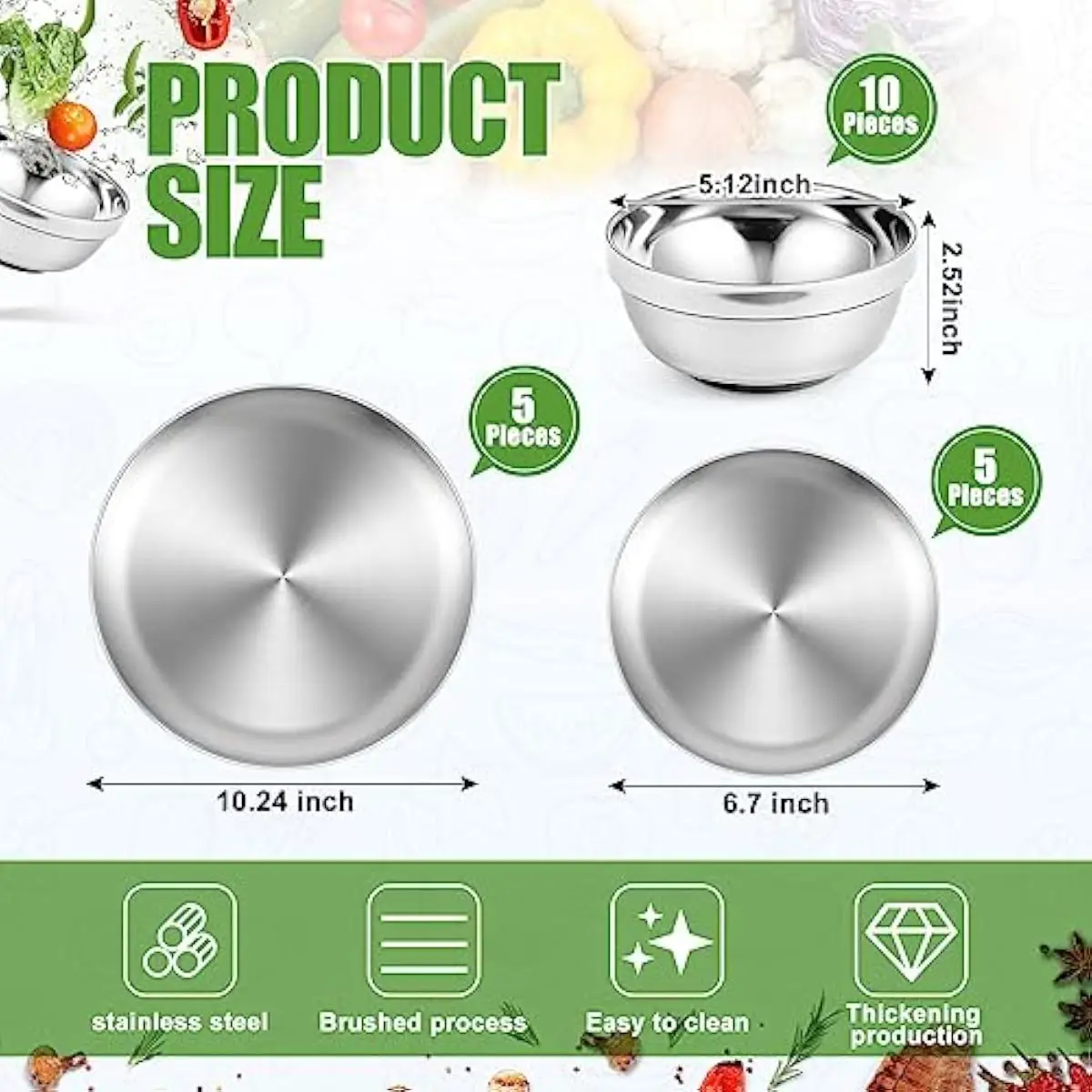 10-Piece Stainless Steel Tableware Set Featuring 6.7-Inch and 10.2-Inch Plates Plus 13-Ounce Double-Walled Insulated Bowls for C