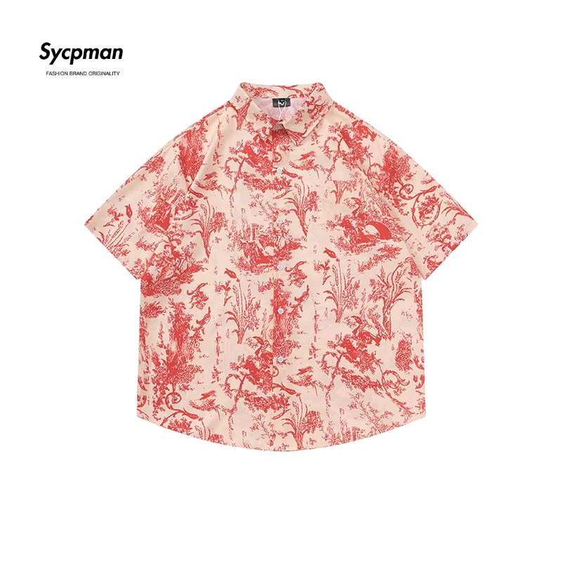 

Sycpman Hawaiian Retro Printed Short Sleeved Shirts Summer Loose Holiday Shirt for Men Casual Clothing