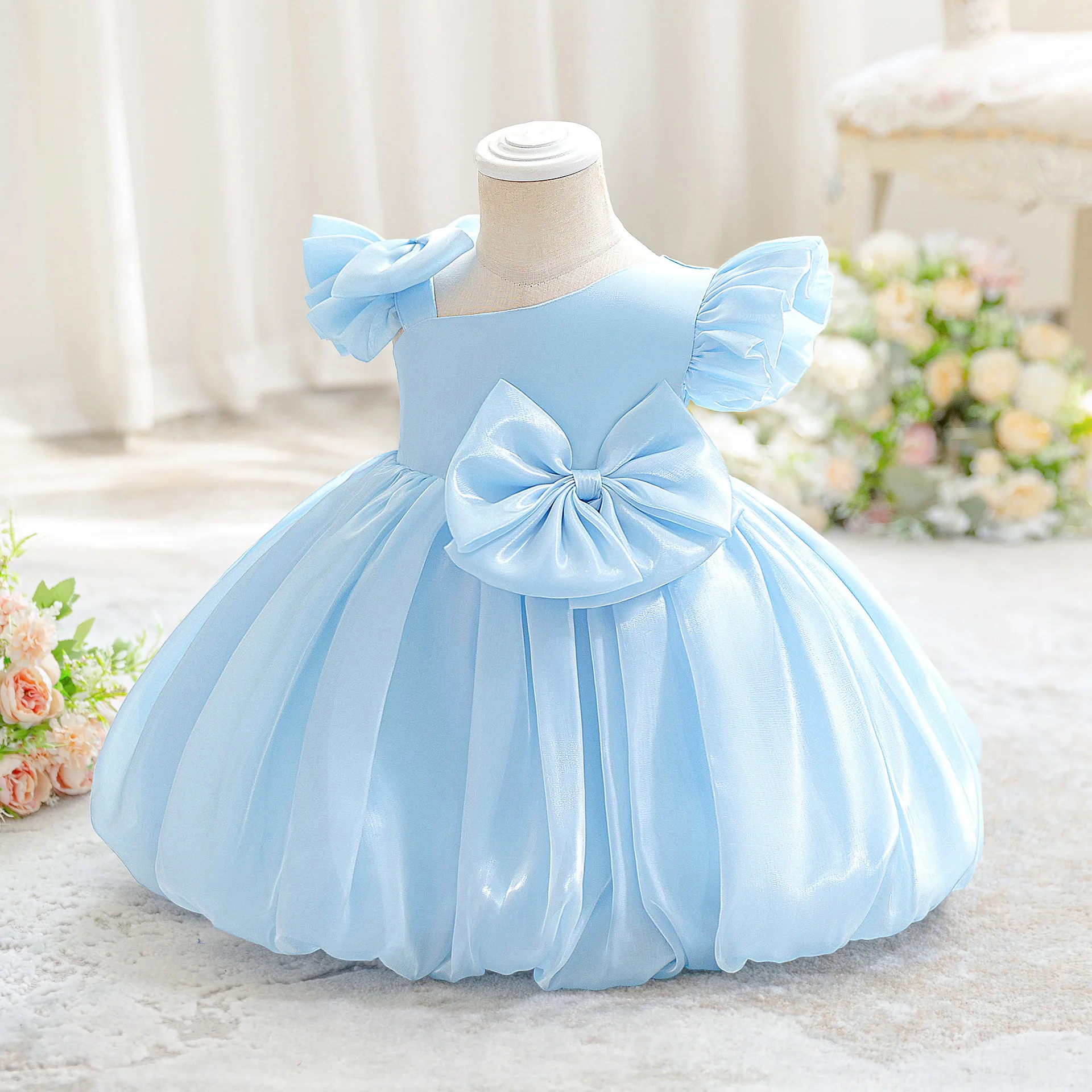 Elegant Wedding Baptism Princess Evening Dress Girl Bridesmaid Banquet Prom Gown Toddler Bow 1st Birthday Party Baby Girls Dress