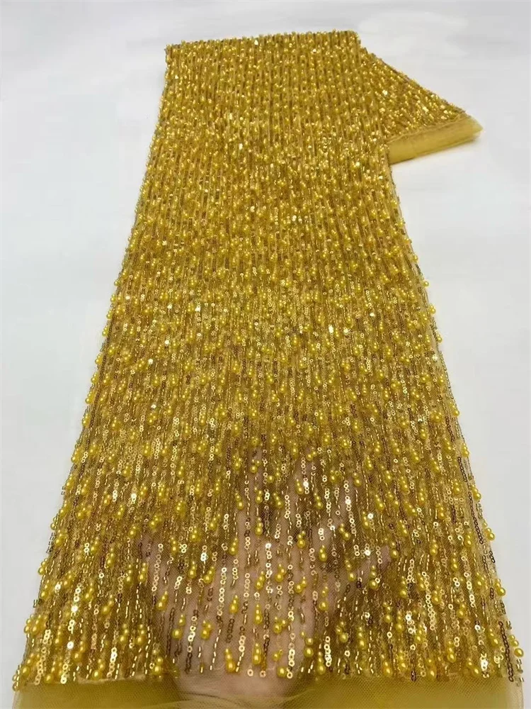 

Nigerian Luxury Tulle Gold Lace Fabrics With Heavy Beaded High Quality African Sequins For Bride Wedding Dress Material 5 Yard