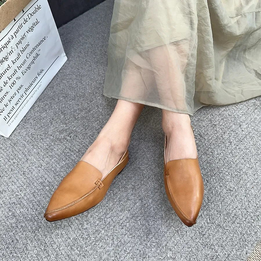 Birkuir Pointed Toe Loafers Women Flats Shoes Retro Genuine Leather Comfort Casual Shoes Closed Toe Soft Soles Ladies Shoes