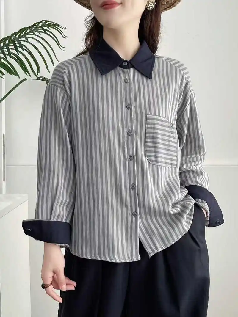 اليابانية خمر موري فتاة مخطط المرقعة قمصان النساء الخريف جديد رفض طوق كم طويل بلوزة فضفاضة غير رسمية القمم