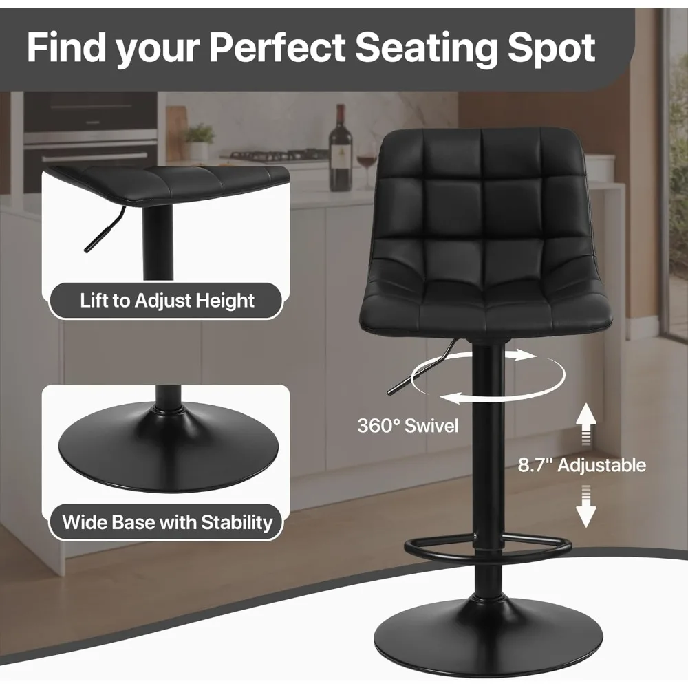 Bar Stool Set of 2 for Kitchen Counter, Adjustable Swivel Armless Barstools with Back Modern PU Leather Island Chairs Bar Height