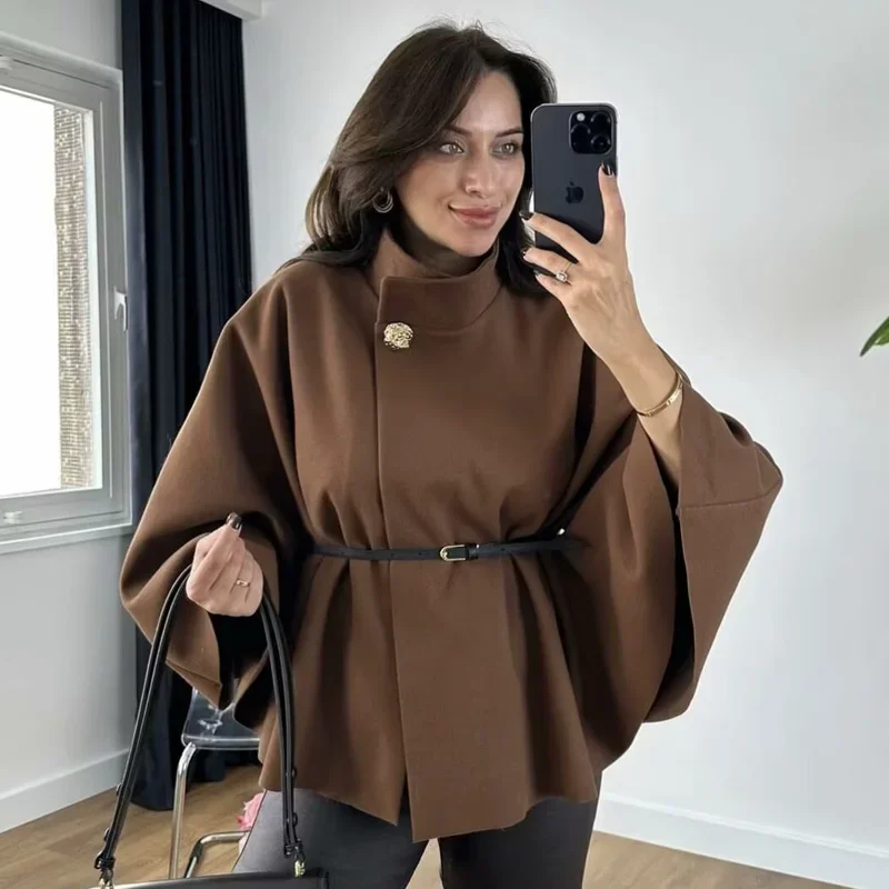 TRAF-Capa corta para mujer, chaqueta roja, marrón y negra, abrigo con manga de murciélago, nuevo en abrigos y chaquetas, capa elegante con cinturón, prendas de vestir exteriores 2024
