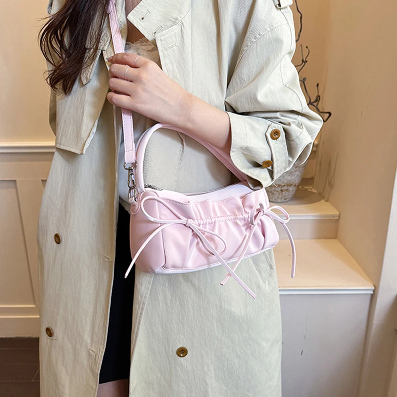 Schicke Umhängetasche mit Schleife und plissiertem Kordelzug, zylindrische Handtasche, Damen-Kissentasche mit abnehmbarem Riemen, Reißverschluss oben – Detail 10