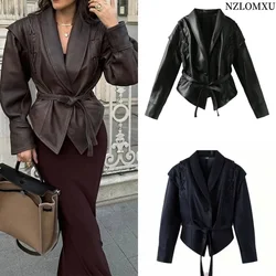 Fashion Leather Woman Short Jacket with Belt Turn Down Collar Long Sleeve Motorcycle Coat Ladies Winter Warm Street Outerwear