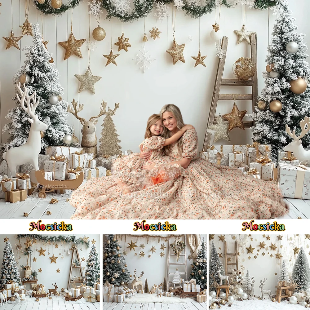 

Mocsicka White Christmas Gift Room Photography Background Shiny Gold Stars Xmas Tree Backdrop Winter Kids Family Photo Studio