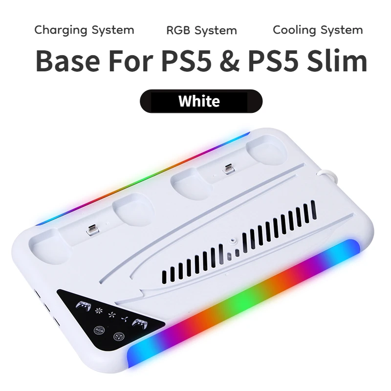 RGB Base for Sony PS5 All Version Console PS5 Slim with Headphone Stand and Controller Charging Port Effect and Cooling Fan