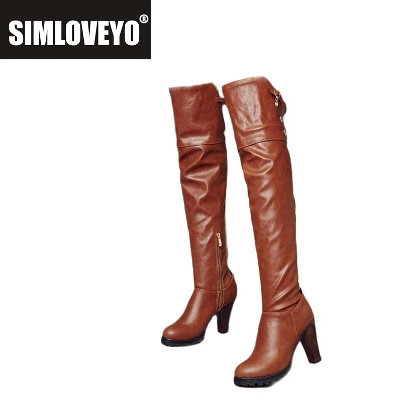 

SIMLOVEYO Сапоги выше колена с круглым носком на блочном каблуке, подошва из ТПУ, очаровательный размер 33–45, зрелый красный S2675