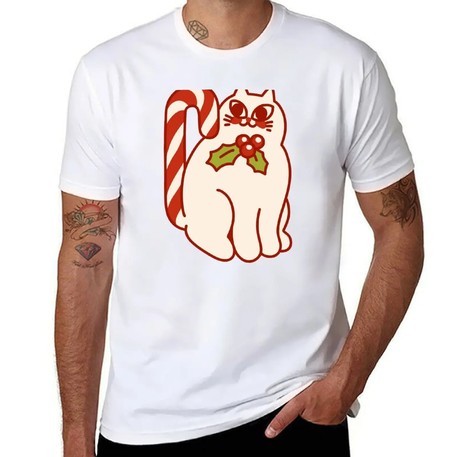 

Cat With the Candy Cane Tail T-Shirt t shirts with prints anime tshirt T-Shirt