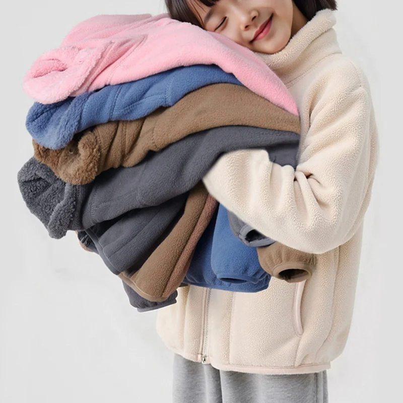 

Children's Solid Color Fleece Jacket Autumn Winter Girls Boys Warm Thickened Pocket Coat Child Clothing